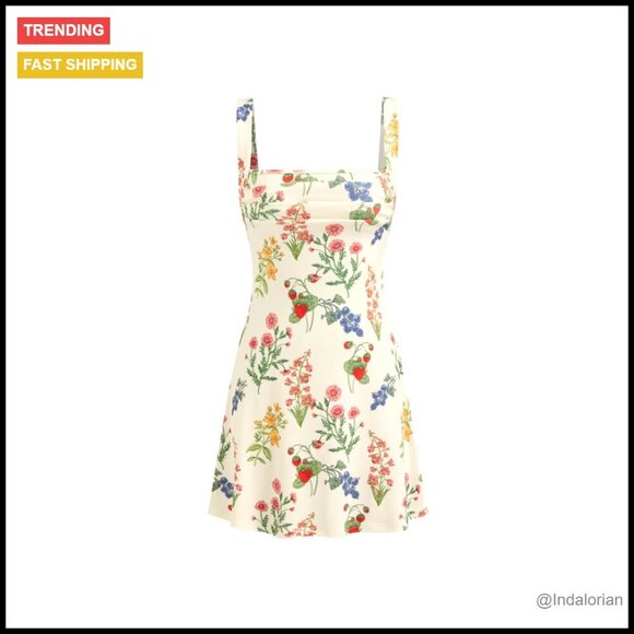 Dresses & Skirts - Floral Mini Dress Square Neck Sleeveless Ruched Cocktail Summer Trendy